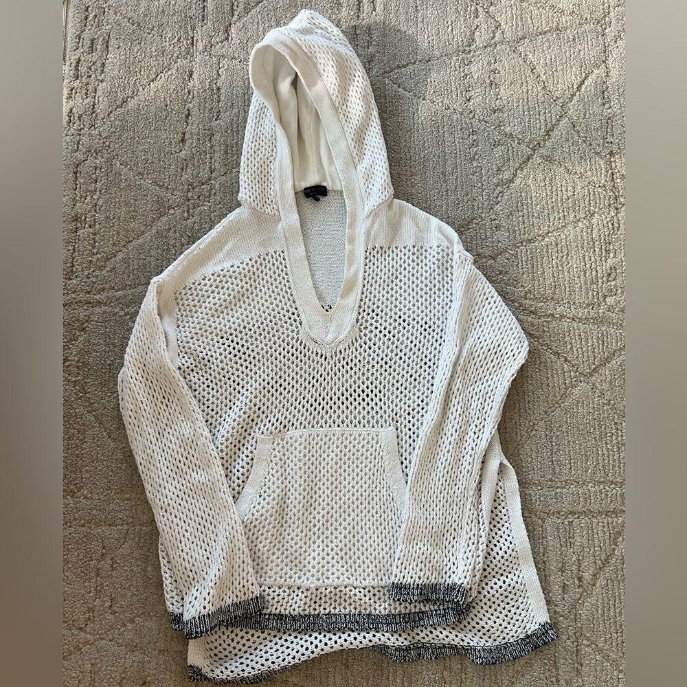 RAG & BONE Women’s Thea White Mesh Knit Hooded Kangaroo Pocket Sweater m coastal
